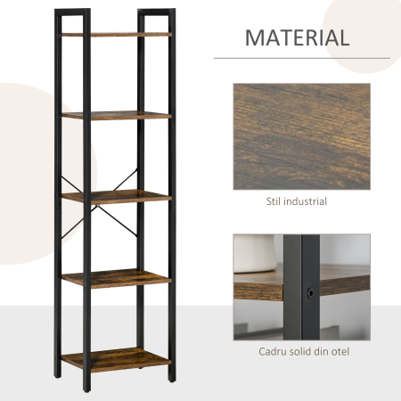  Biblioteca stil industrial cu 5 rafturi din lemn si otel, 40x30x154cm - Maro rustic [5]