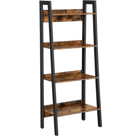 Living & hol - Biblioteca tip scara, cadru otel cu 4 polite din MDF, stil industrial, 56x34x138cm, maro rustic si negru