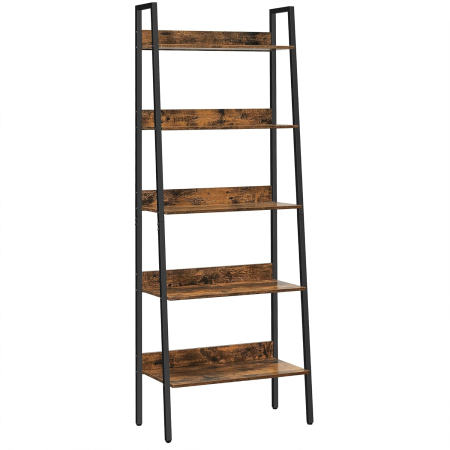 Living & hol - Biblioteca tip scara, cadru otel cu 5 polite, stil industrial, 60x30x170 cm, maro