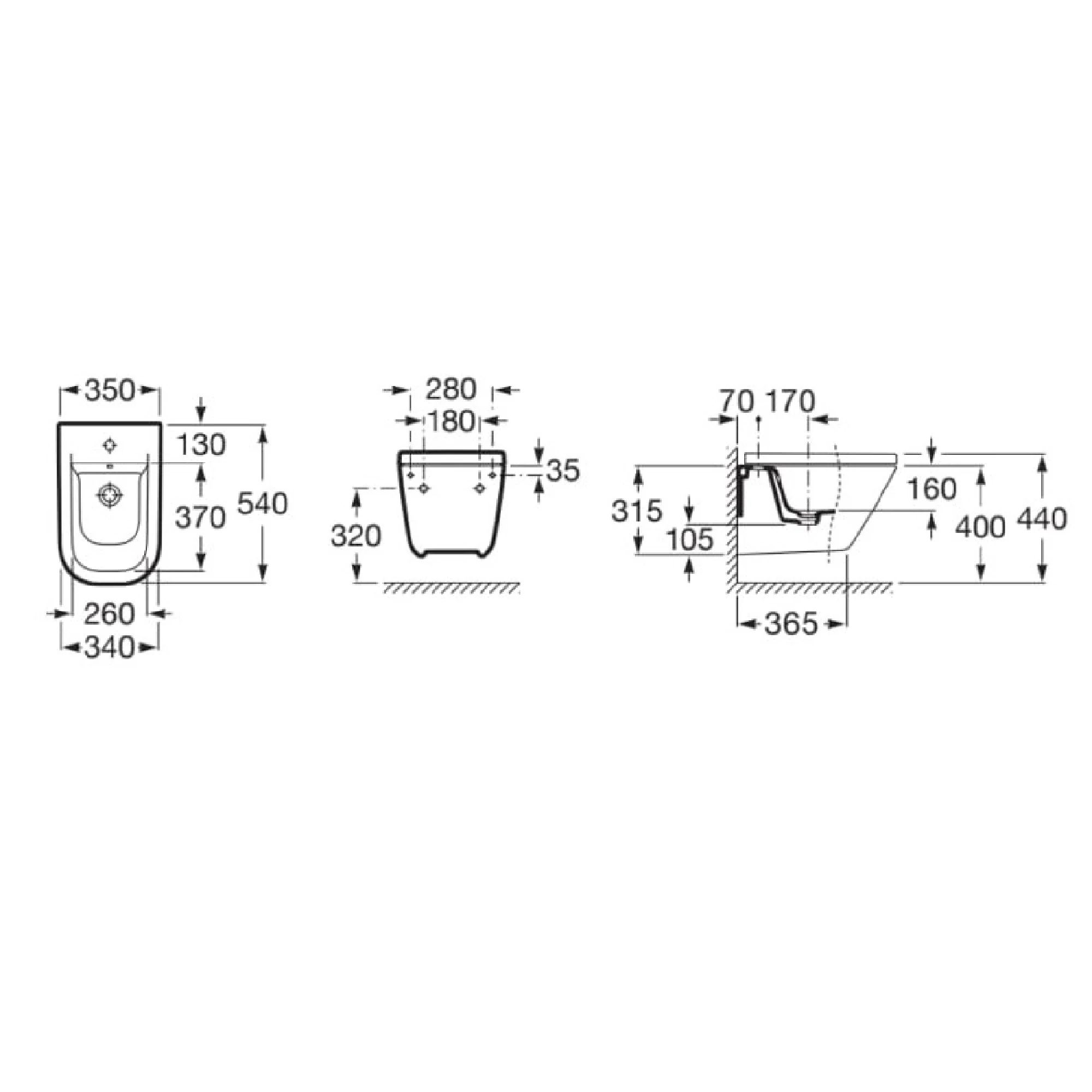 Bideu Roca A357476000, 540 mm, 350 mm, 315 mm, 1 nr orificii baterie, suprafata antiaderent, suspendat, Alb [3]