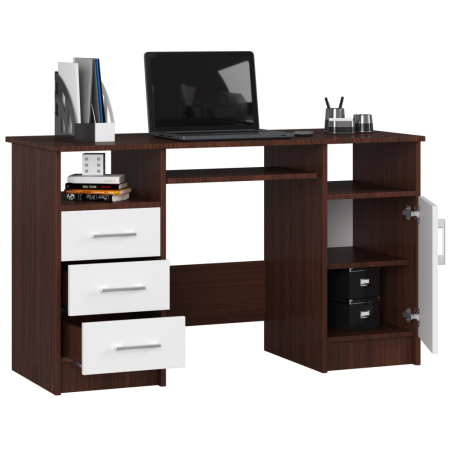 Birou computer pal 3 sertare si dulap, 124x52x74 cm, polita tastatura, maro wenge si alb [1]