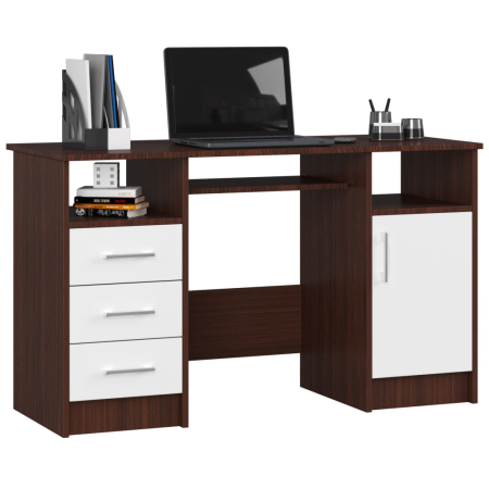 Birouri - Birou computer pal 3 sertare si dulap, 124x52x74 cm, polita tastatura, maro wenge si alb