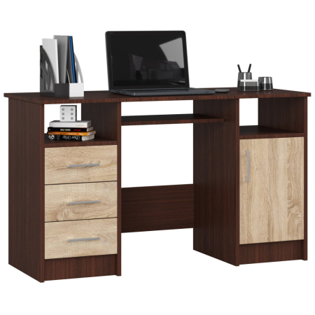 Birouri - Birou computer pal 3 sertare si dulap, 124x52x74 cm, polita tastatura, wenge si stejar sonoma