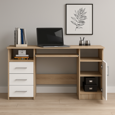 Birou ANA pentru calculator, cu 3 sertare si 1 usa, 124x52x74 cm, stejar sonoma si alb [6]