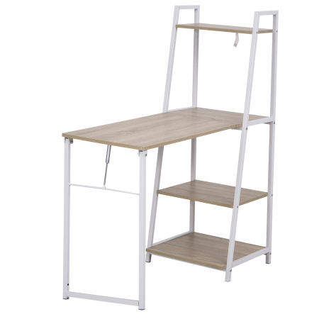 Birouri -  Birou Biblioteca 4 Rafturi Blat Mare Pliabil Lemn Metal Alb Stejar