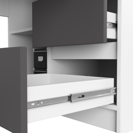 Birou colt dreapta cu 3 sertare si rafturi, 155x85x77 cm, alb si gri [5]