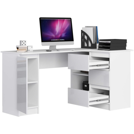 Birou colt dreapta in L cu 3 sertare si rafturi, fronturi din MDF lucios, 155x85x77 cm, alb lucios [1]