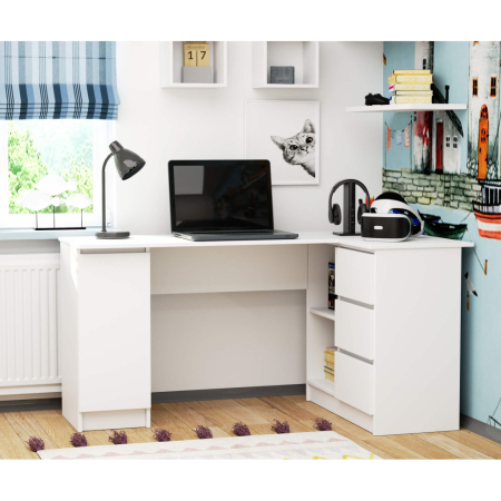 Birou colt dreapta in L cu 3 sertare si rafturi, PAL laminat 16 mm, 155x85x77 cm, alb [4]