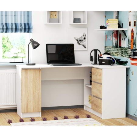 Birou colt dreapta in L cu 3 sertare si rafturi, PAL laminat 16 mm, 155x85x77 cm, alb si stejar sonoma [4]