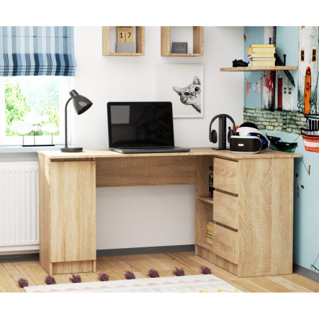 Birou colt dreapta in L cu 3 sertare si rafturi, PAL laminat 16 mm, 155x85x77 cm, stejar sonoma [5]