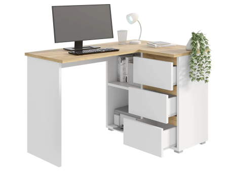 Birou colt Norge cu 3 sertare si 2 rafturi, 124x89x75 cm, alb si stejar [2]