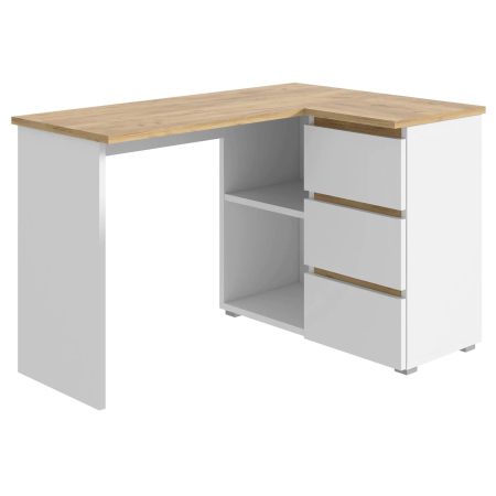 Mobila - Birou colt Norge cu 3 sertare si 2 rafturi, 124x89x75 cm, alb si stejar