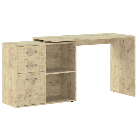 Dormitor & birou -  Birou Coltar pentru PC cu 3 Sertare si Rafturi Deschise, din Lemn si Metal, 117x83.5x76 cm, Nuc