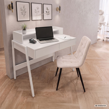 Birou compact, MDF melaminat, cu 2 sertare si raft, cadru metalic, 78x48x95 cm, alb [7]
