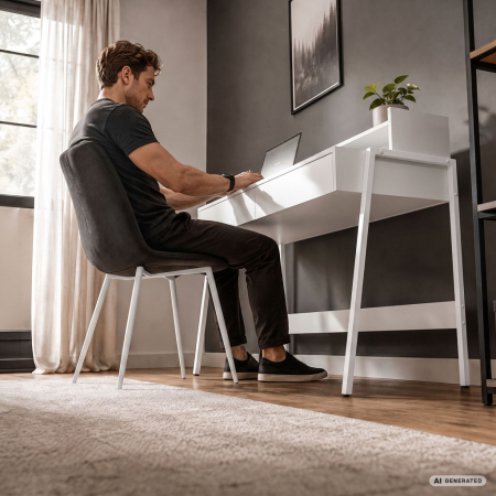 Birou compact, MDF melaminat, cu 2 sertare si raft, cadru metalic, 78x48x95 cm, alb [5]