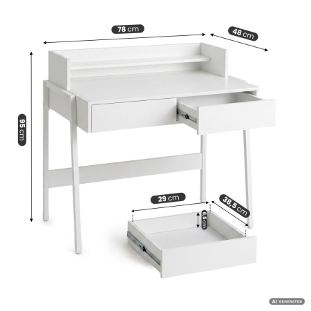 Birou compact, MDF melaminat, cu 2 sertare si raft, cadru metalic, 78x48x95 cm, alb [1]