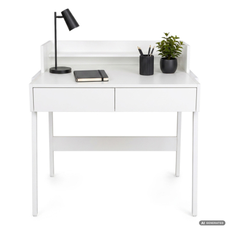 Birou compact, MDF melaminat, cu 2 sertare si raft, cadru metalic, 78x48x95 cm, alb [8]