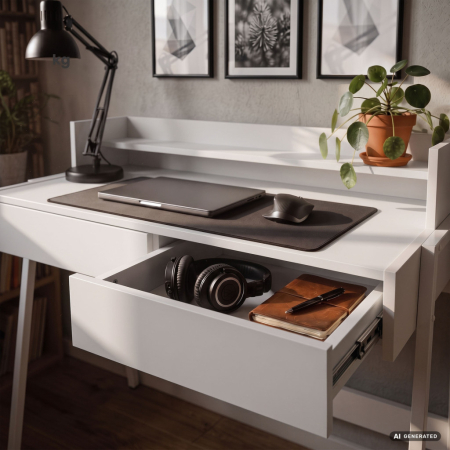 Birou compact, MDF melaminat, cu 2 sertare si raft, cadru metalic, 78x48x95 cm, alb [4]