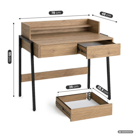 Birou compact, MDF melaminat, cu 2 sertare si raft, cadru metalic, 78x48x95 cm, stejar artisan [1]