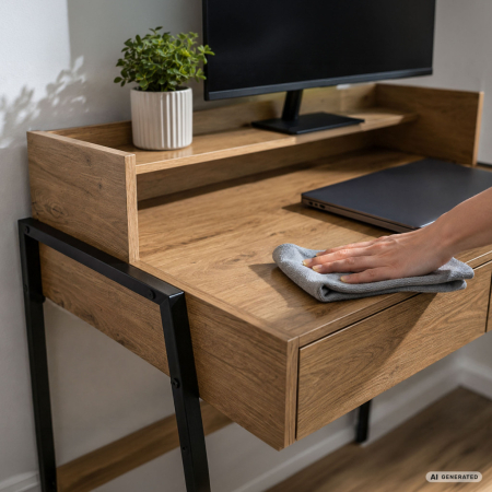 Birou compact, MDF melaminat, cu 2 sertare si raft, cadru metalic, 78x48x95 cm, stejar artisan [3]