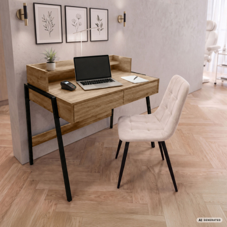 Birou compact, MDF melaminat, cu 2 sertare si raft, cadru metalic, 78x48x95 cm, stejar artisan [7]