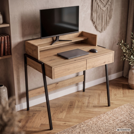 Birou compact, MDF melaminat, cu 2 sertare si raft, cadru metalic, 78x48x95 cm, stejar artisan [6]