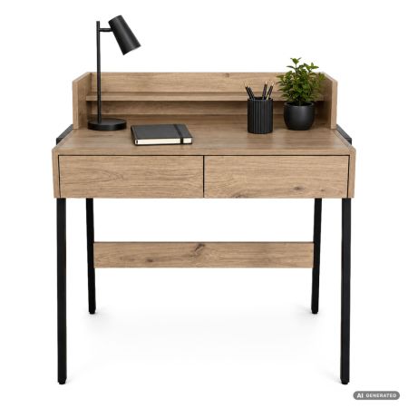 Birou compact, MDF melaminat, cu 2 sertare si raft, cadru metalic, 78x48x95 cm, stejar artisan [8]