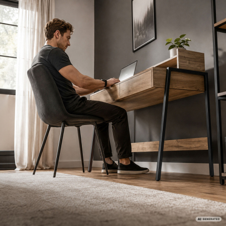 Birou compact, MDF melaminat, cu 2 sertare si raft, cadru metalic, 78x48x95 cm, stejar artisan [5]