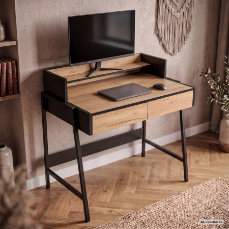 Birou compact, MDF melaminat, cu 2 sertare si raft, cadru metalic, 78x48x95 cm, stejar craft si negru [5]