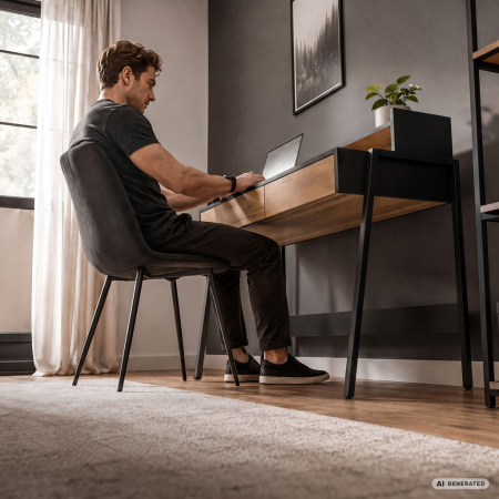 Birou compact, MDF melaminat, cu 2 sertare si raft, cadru metalic, 78x48x95 cm, stejar craft si negru [4]