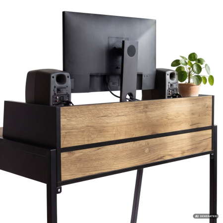 Birou compact, MDF melaminat, cu 2 sertare si raft, cadru metalic, 78x48x95 cm, stejar craft si negru [2]