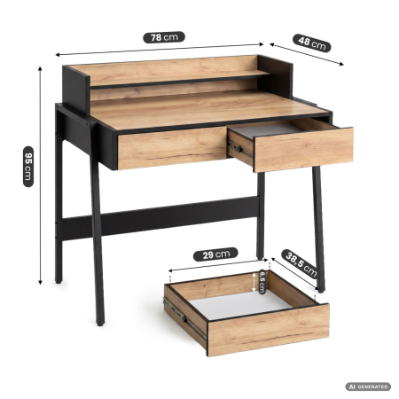Birou compact, MDF melaminat, cu 2 sertare si raft, cadru metalic, 78x48x95 cm, stejar craft si negru [1]