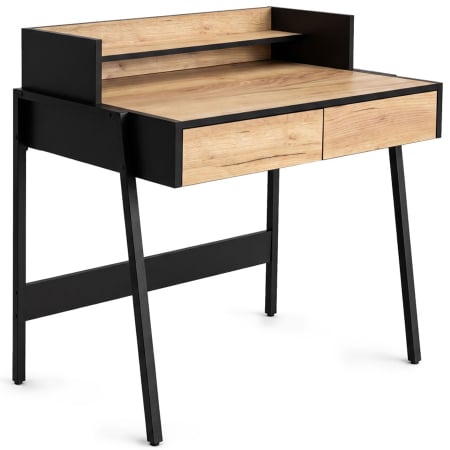 Dormitor & birou - Birou compact, MDF melaminat, cu 2 sertare si raft, cadru metalic, 78x48x95 cm, stejar craft si negru