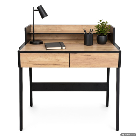 Birou compact, MDF melaminat, cu 2 sertare si raft, cadru metalic, 78x48x95 cm, stejar craft si negru [7]
