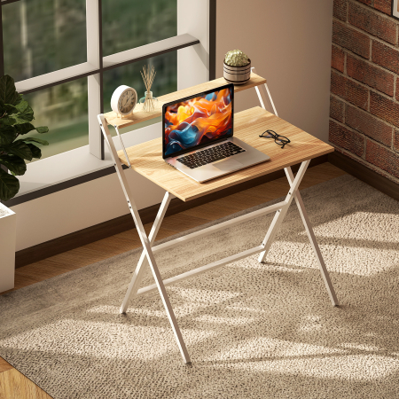  Birou Compact Pliabil cu Suport Monitor, 81,5x62x86,5 cm, Lemn [7]