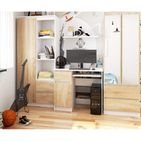 Birou computer PIKSEL, cu sertar, dulap si raft pentru tastatura, stanga, 90x50x77 cm, alb si stejar sonoma [6]