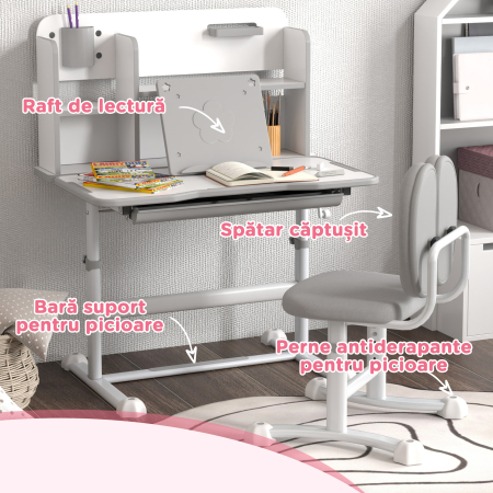  Birou Copii 3-12 Ani Reglabile pe inaltime si Blat inclinabil la 45°, 80x55x107.5 cm, Gri [6]