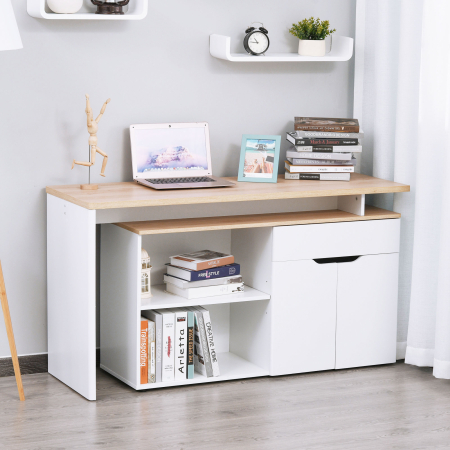  Birou cu Blat Extensibil pentru PC si Biblioteca, 140x117x76 cm, Alb [1]