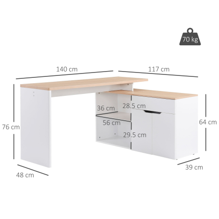 Birou cu Blat Extensibil pentru PC si Biblioteca, 140x117x76 cm, Alb [2]