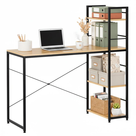 Birou cu blat MDF si rafturi laterale, cadru metalic, 120x48x122 cm, maro deschis [2]