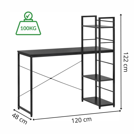 Birou cu blat MDF si rafturi laterale, cadru metalic, 120x48x122 cm, negru [20]
