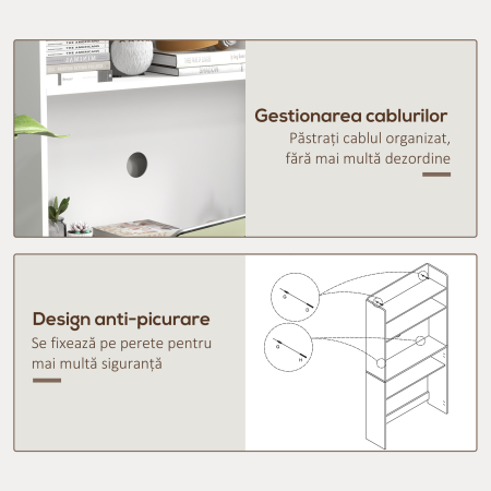  Birou cu Rafturi, Blat Pliabil, 2 Roti si 4 Rafturi, Birou Compact Modern cu Orificiu pentru Cabluri, Masa pentru Computer, Acasa Birou Studio Dormitor, 80x69x155 cm, Alb [6]