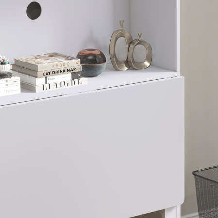  Birou cu Rafturi, Blat Pliabil, 2 Roti si 4 Rafturi, Birou Compact Modern cu Orificiu pentru Cabluri, Masa pentru Computer, Acasa Birou Studio Dormitor, 80x69x155 cm, Alb [7]