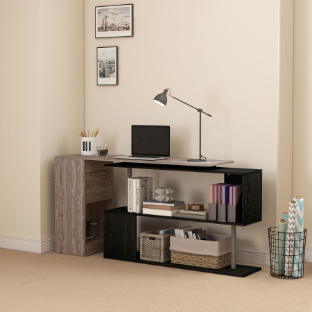  Birou de colt compact cu raft in forma de S, din lemn, 140x120x78 cm, gri cu aspect de lemn [6]