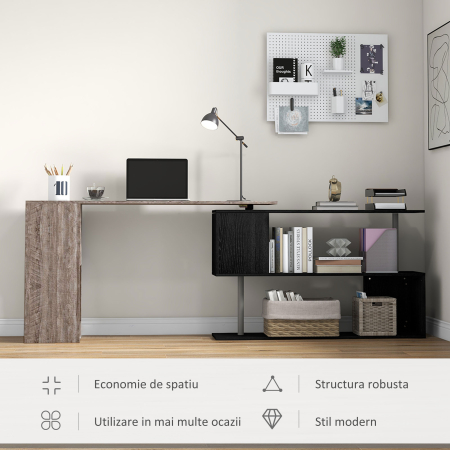  Birou de colt compact cu raft in forma de S, din lemn, 140x120x78 cm, gri cu aspect de lemn [5]