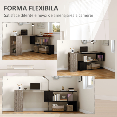  Birou de colt compact cu raft in forma de S, din lemn, 140x120x78 cm, gri cu aspect de lemn [3]