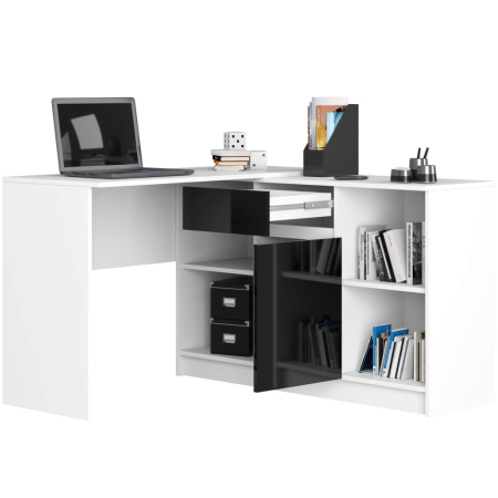 Birou de colt cu sertar, usa si 6 rafturi, fronturi MDF lucios, 120x126x79 cm, alb si negru lucios [1]