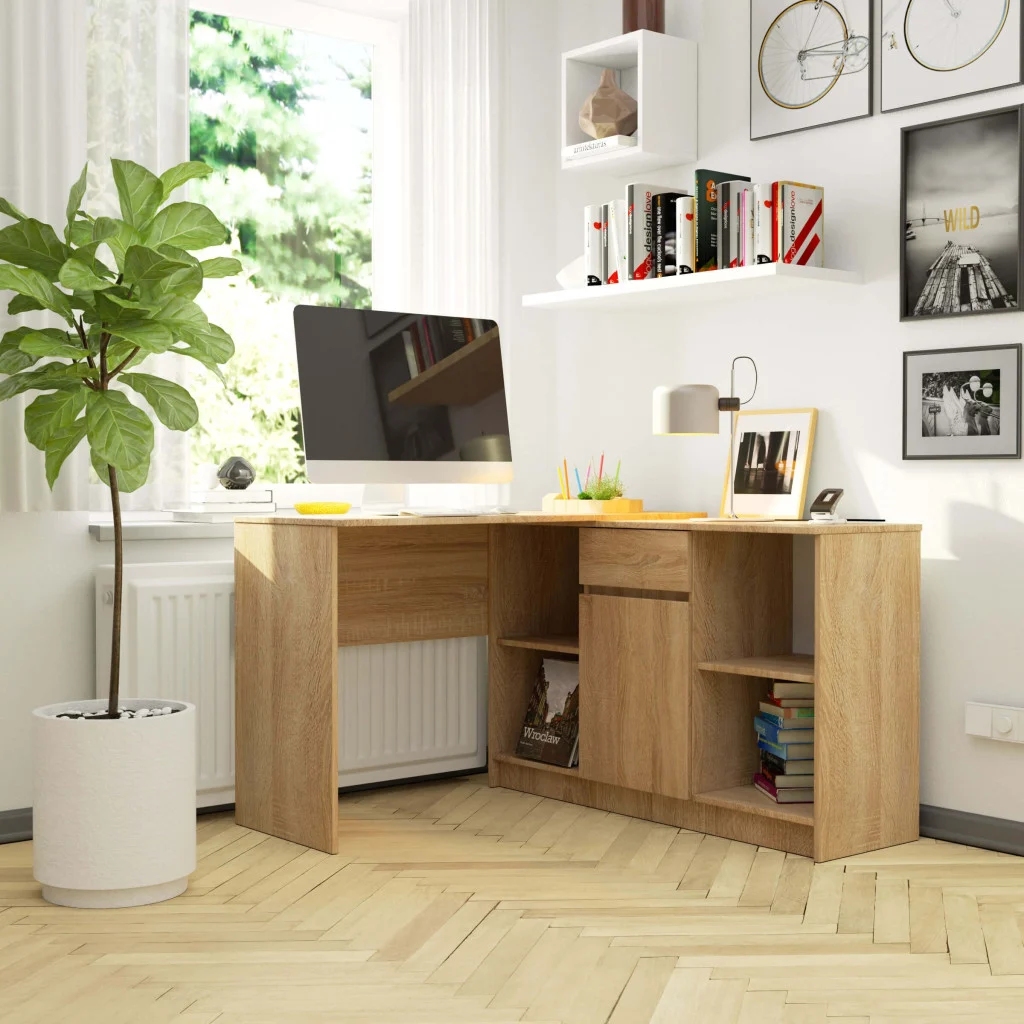 Birou de colt cu sertar, usa si 6 rafturi, PAL laminat 16 mm, 120x126x79 cm, stejar sonoma [5]