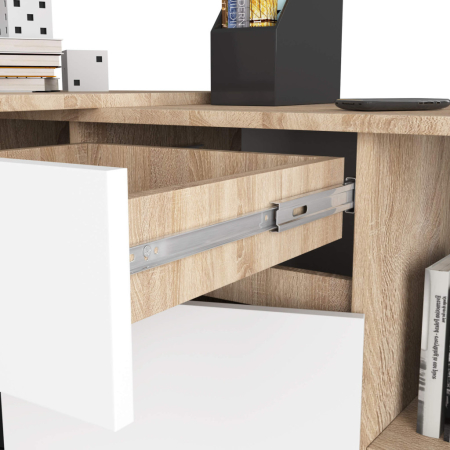 Birou de colt cu sertar, usa si 6 rafturi, PAL laminat 16 mm, 120x126x79 cm, stejar sonoma si alb [4]