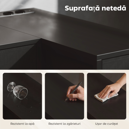  Birou de Colt Reversibil cu Prize de Curent si Porturi USB, 126 x 48 cm, Birou in Forma de L cu 6 Sertare din Material Textil, Carlig Lateral, pentru Computer, Birou, Studiu, Acasa, Negru [6]